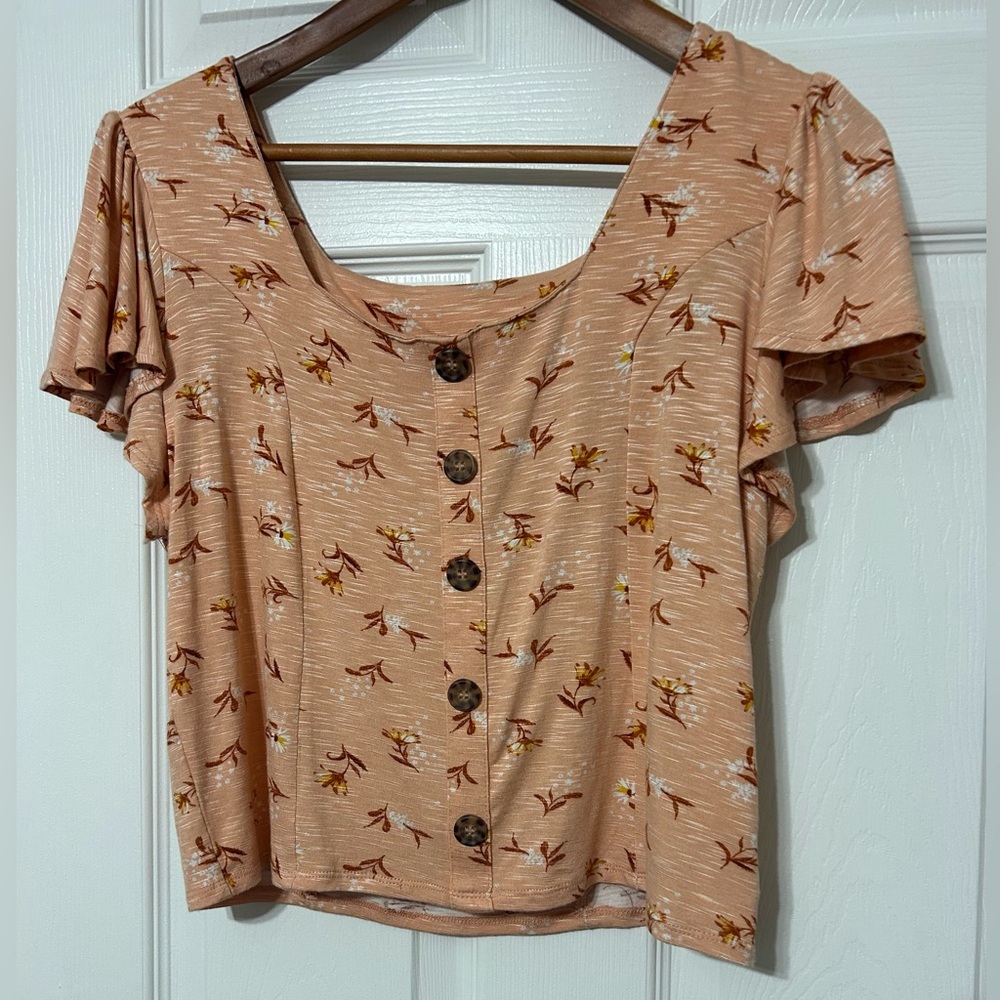 SELF ESTEEM Women’s Coral Peach Floral Crop Top Flutter Sleeve NWT Size XL
